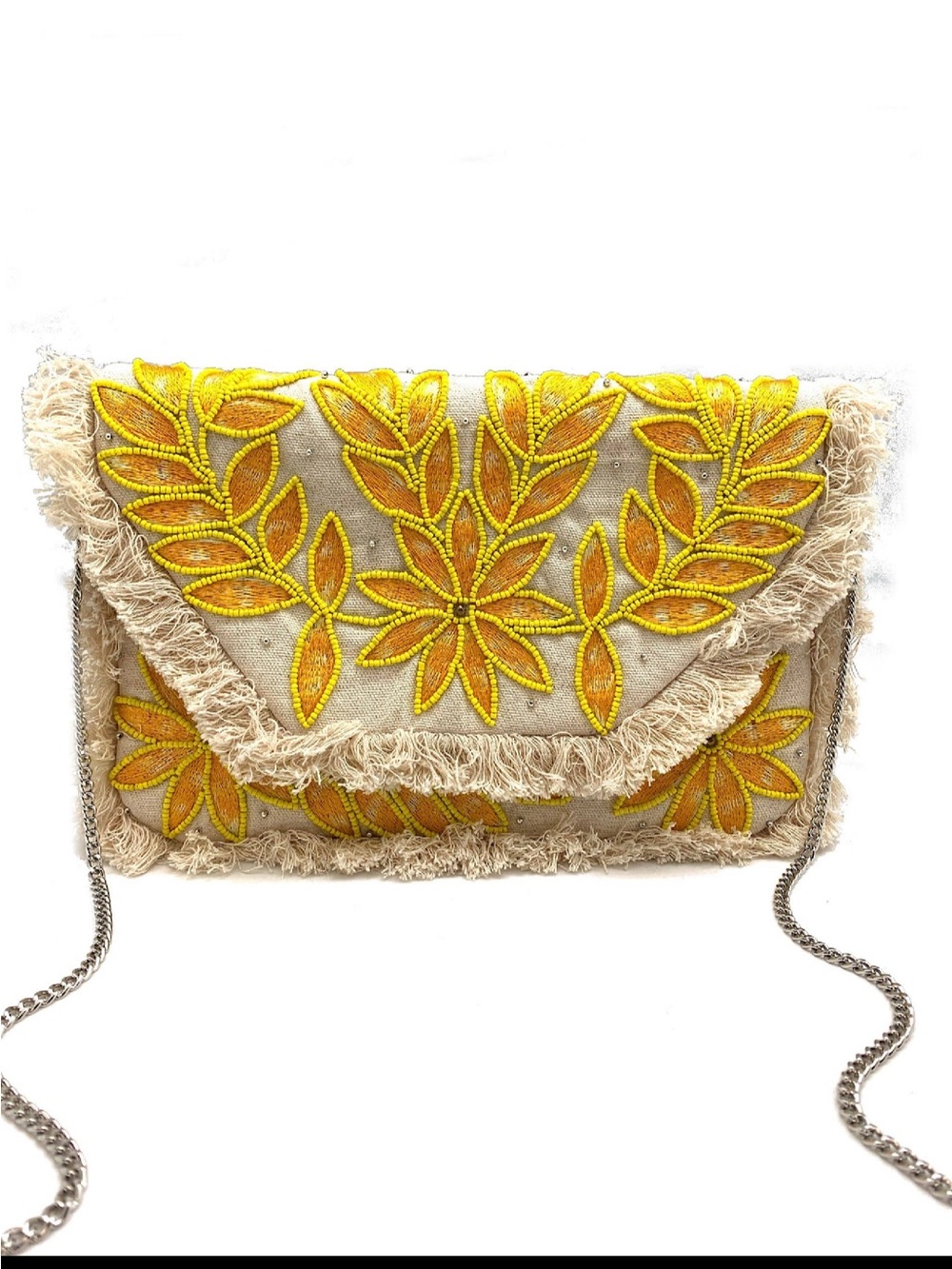 NWT Boho Beaded Floral Fringe Crossbody Clutch Yellow & Natural Convertible Bag